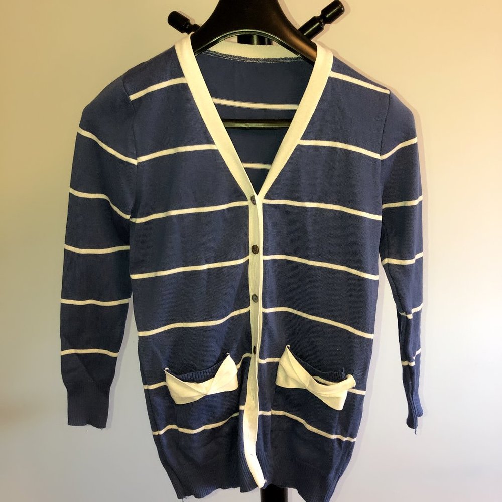 Blue White Bow Cardigan Sweater